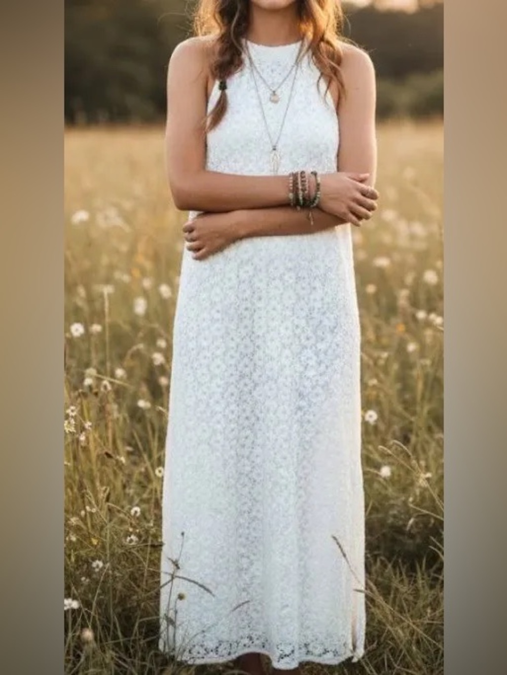 White Lace Crocheted Halter Maxi Dress a new day